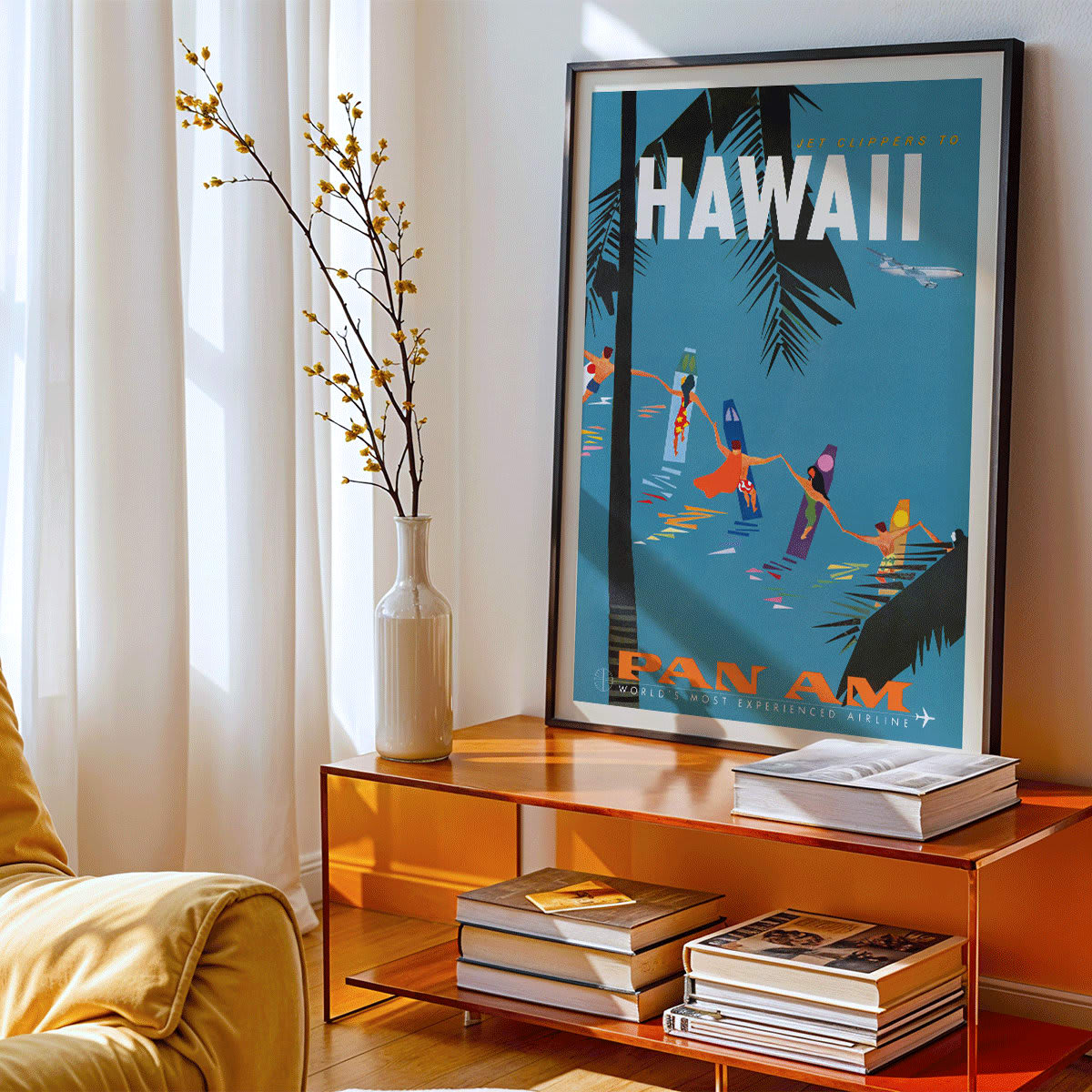 Colorful travel poster Jet Clipper to Hawaii by Pan Am Airlines with palm trees surfers dancers on surfboards and airplane above palm leaves, framed and displayed in home decor