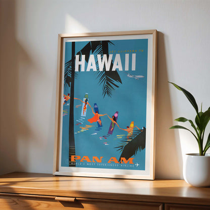 Colorful travel poster Jet Clipper to Hawaii by Pan Am Airlines with palm trees surfers dancers on surfboards and airplane above palm leaves, framed and displayed in modern living room decor
