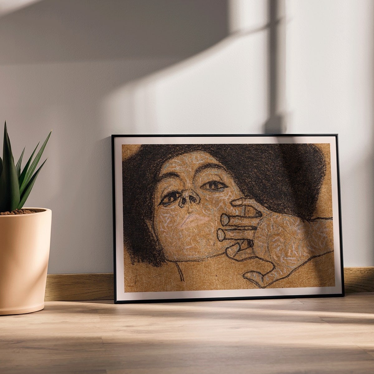 Head of a Woman by Egon Schiele expressive portrait art drawing poster showing a womans face with intricate hand details on a textured background, framed and displayed in modern living room decor
