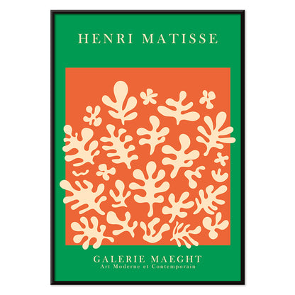 Henri Matisse artwork at Galerie Maeght featuring orange cut outs and abstract shapes on an orange background poster, with black aluminium frame on white background