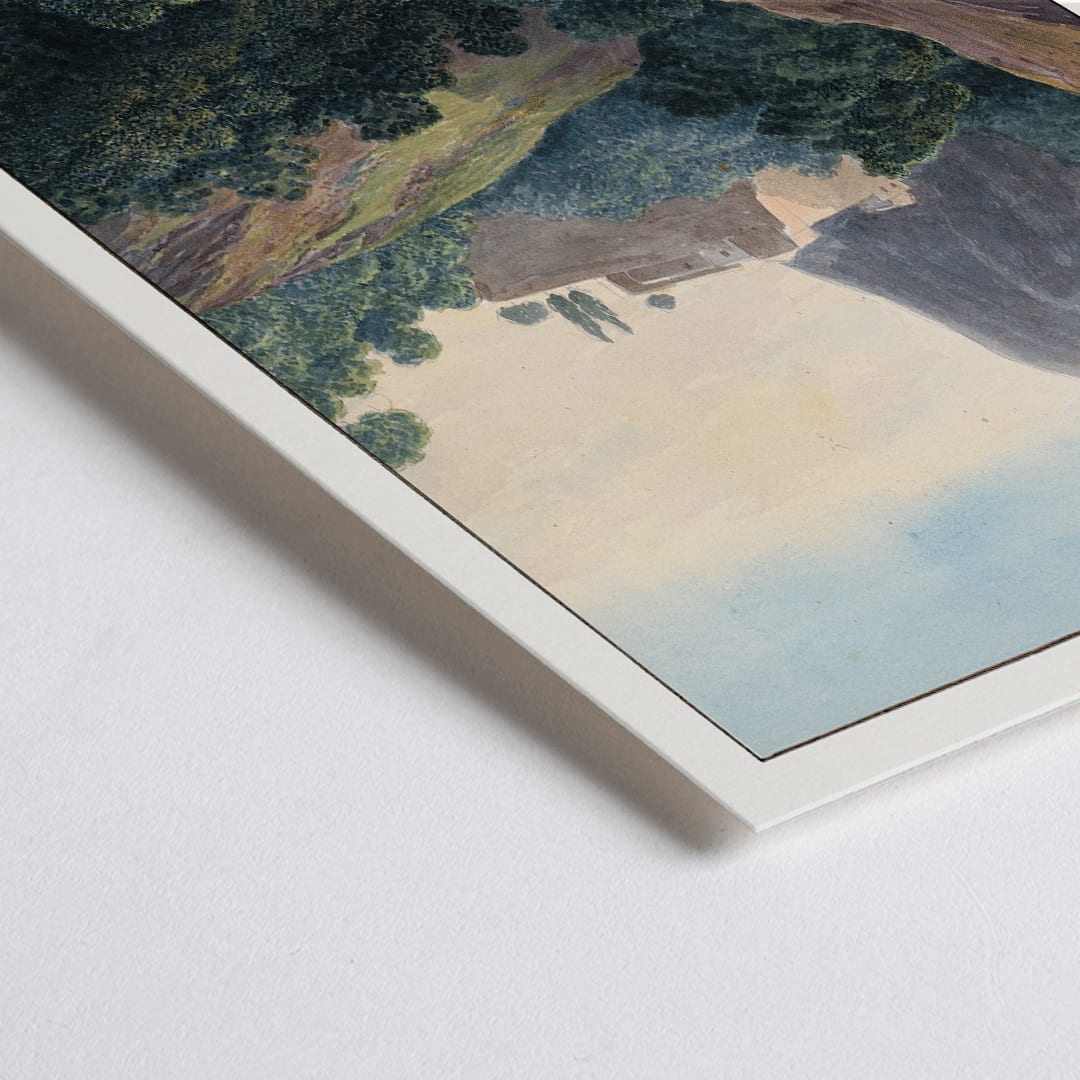 Closeup detail of Painting of Hermitage of St Trinidad Montserrat by Charles Hamilton Smith with mountainous landscape lush trees and monk