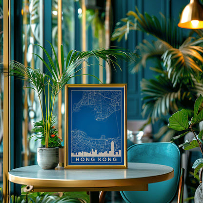 Hong Kong Minimalist Map by Artist Name blue urban blueprint wall art poster featuring city skyline and street layout, framed and displayed in home decor