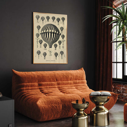 Henry La Vaulx Hot Air Balloon Study vintage scientific balloon chart with black and white striped balloons poster, framed and displayed in modern living room decor