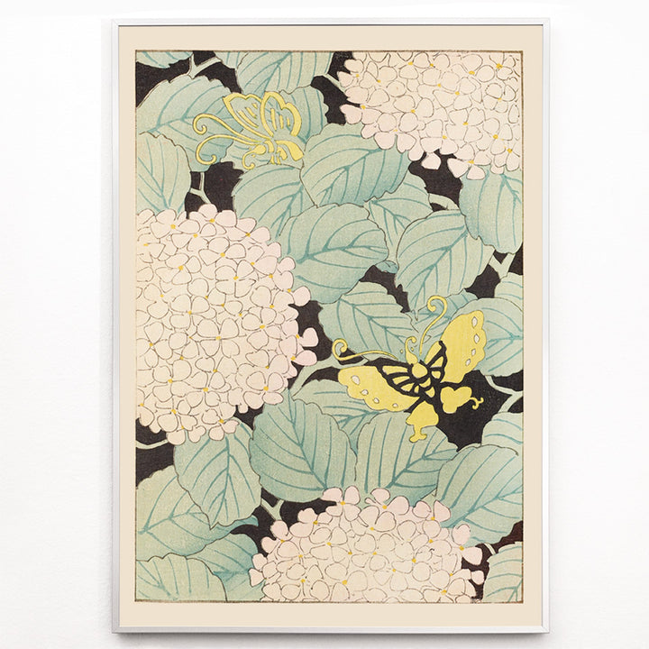 Closeup detail of Yellow butterflies and white hydrangea flowers with green leaves in Japanese art style artwork Bijutsukai Pl 169 by Korin Furuya