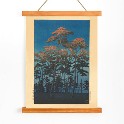 Tall pine trees with vivid blue sky at Hikawa Park in Omiya by Kawase Hasui Japanese artwork wall art poster, with wooden magnetic frame on white background