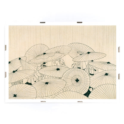 Minimal Japanese art poster of people holding traditional umbrellas in the rain from Osen Umbrellas by Komura Settai, framed and displayed in modern living room decor
