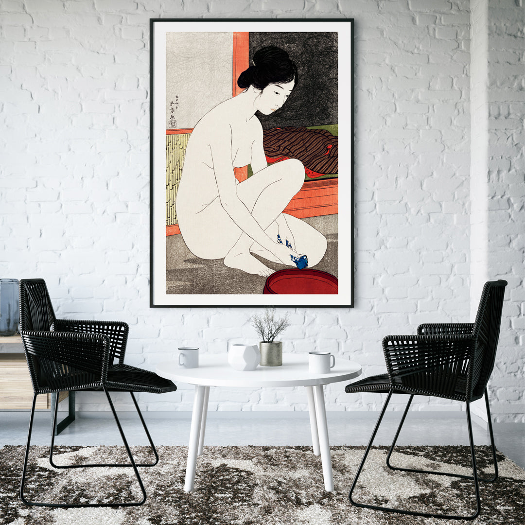 Japanese woman bathing in traditional interior from Yokugo no onna by Goyo Hashiguchi Japanese art poster, framed and displayed in home decor