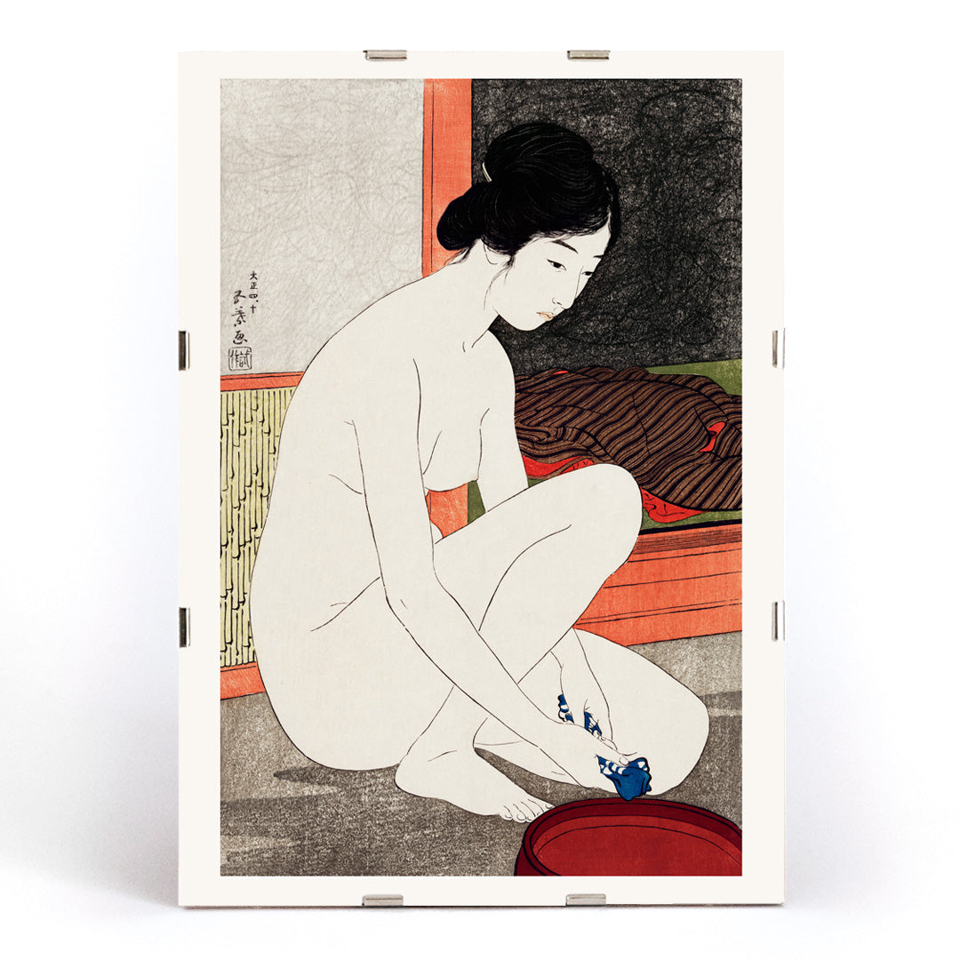 Japanese woman bathing in traditional interior from Yokugo no onna by Goyo Hashiguchi Japanese art poster, framed and displayed in modern living room decor