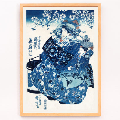 Closeup detail of Japanese women in traditional kimono with floral patterns and blossom trees ukiyo-e style artwork by Utagawa Kuniyoshi