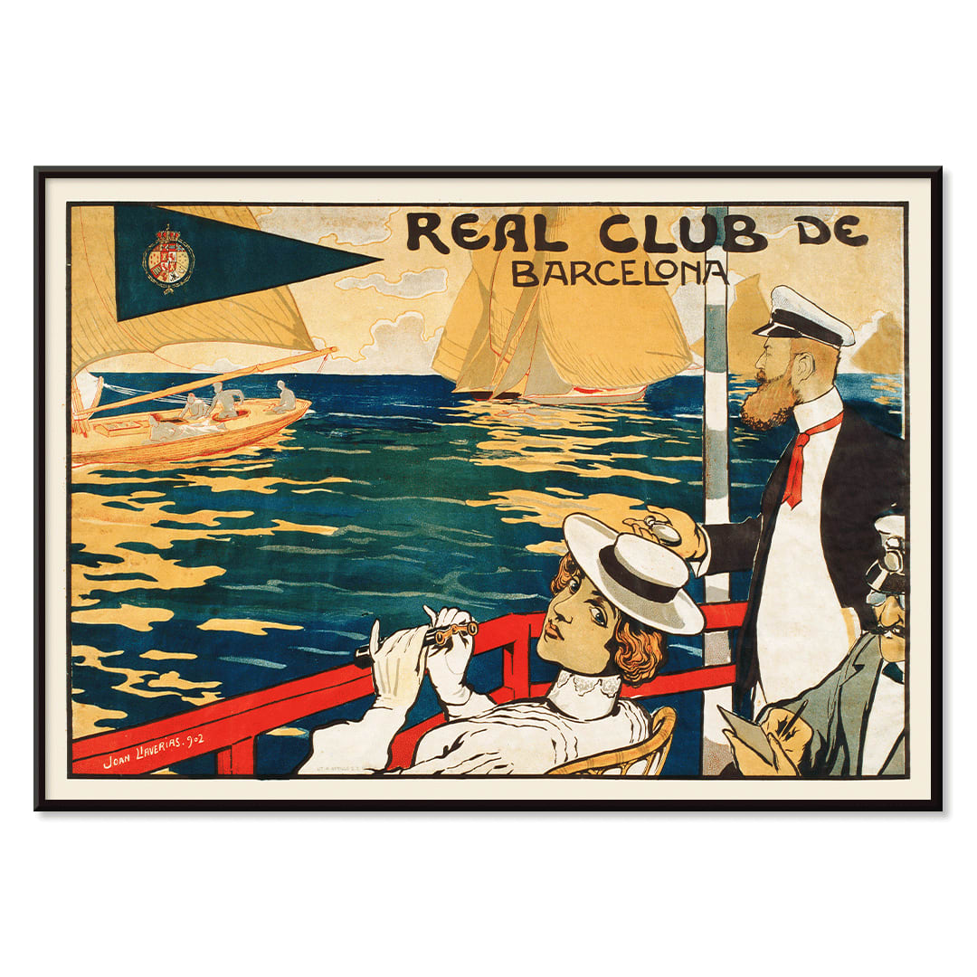 Sailing scene and poster for Real Club de Barcelona by Joan Llaverias featuring elegantly dressed figures and people in maritime attire with sailboats in the background, with black aluminium frame on white background