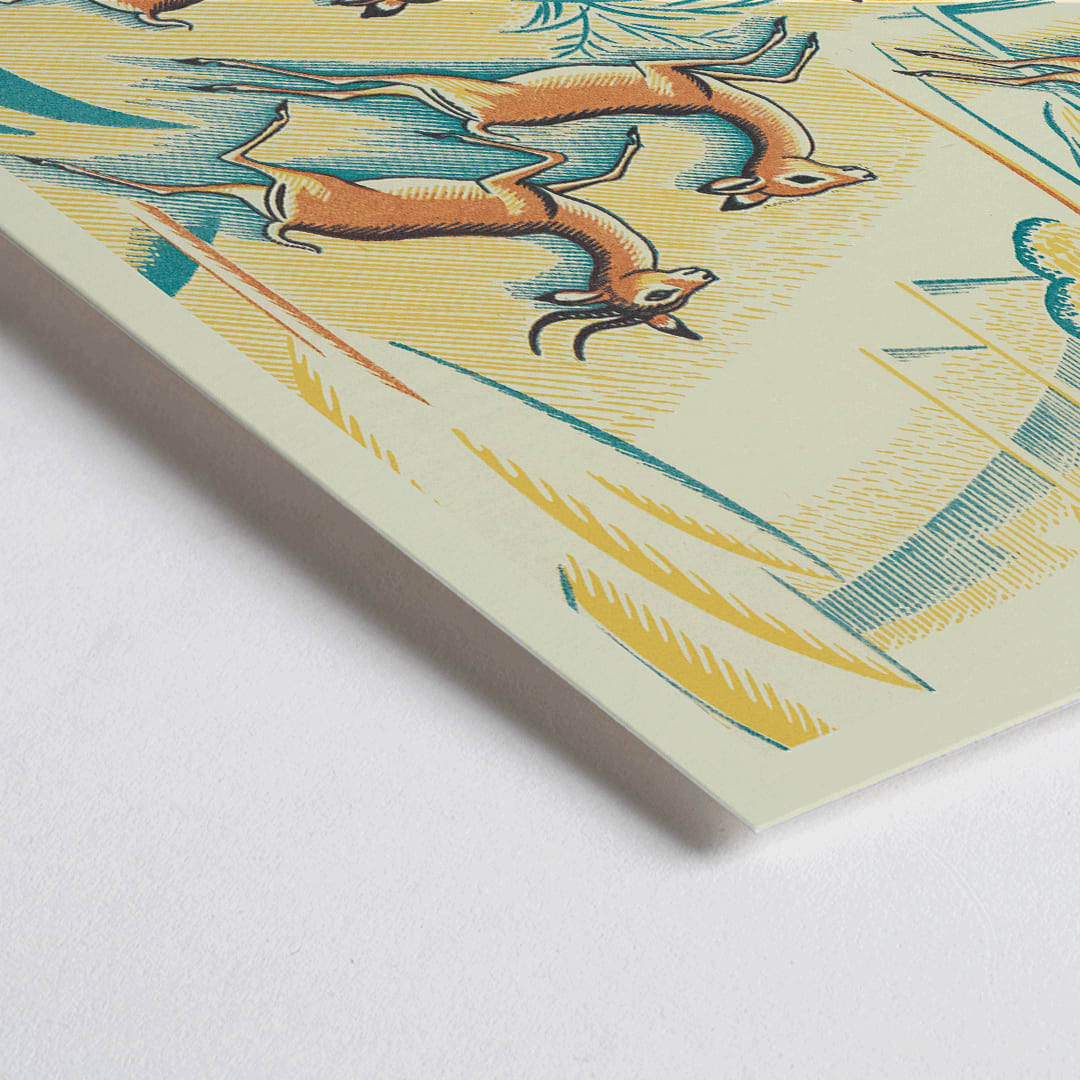 Closeup detail of Gazelles in a colorful jungle scene A Jungle Picnic Pl.01 Gazelle by Clifford Webb illustration and poster