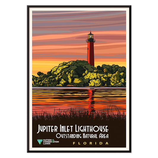 Jupiter Inlet Lighthouse Outstanding Natural Area in Florida artwork and poster with sunset reflection on water and trees, with black aluminium frame on white background