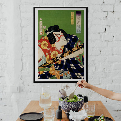 Ukiyo-e illustration and poster of kabuki actor in colorful costume by Toyohara Kunichika Japanese art, framed and displayed in home decor