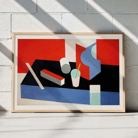 Colorful geometric abstract painting titled Kubik in red black and blue by artist Patrick Henry Bruce poster, framed and displayed in home decor