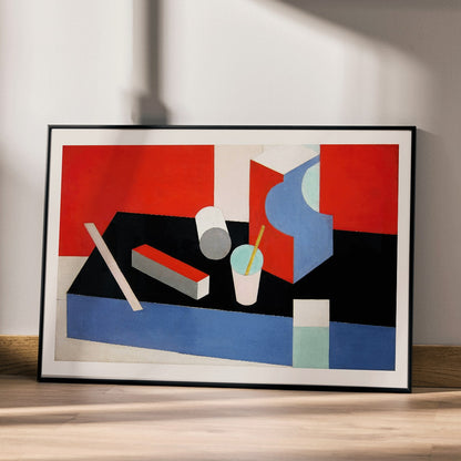 Colorful geometric abstract painting titled Kubik in red black and blue by artist Patrick Henry Bruce poster, framed and displayed in modern living room decor