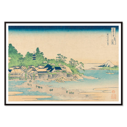 Coastal village with houses trees ocean and Mount Fuji by Katsushika Hokusai Enoshima in Sagami Province Japanese artwork, with black aluminium frame on white background