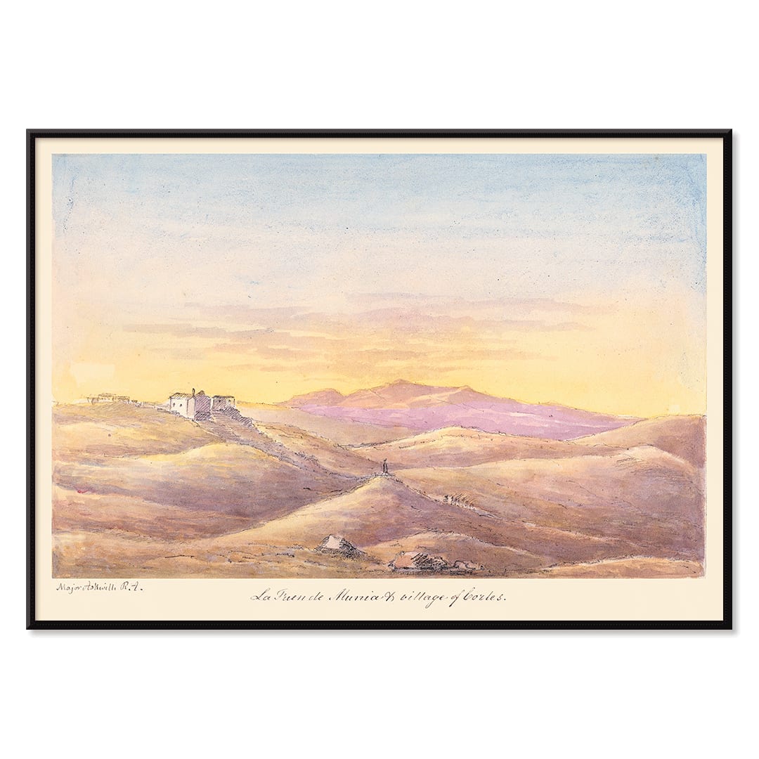 La Fuen de Munia and Village of Cortes by Charles Hamilton Smith scenic landscape poster with hills and distant village, with black aluminium frame on white background