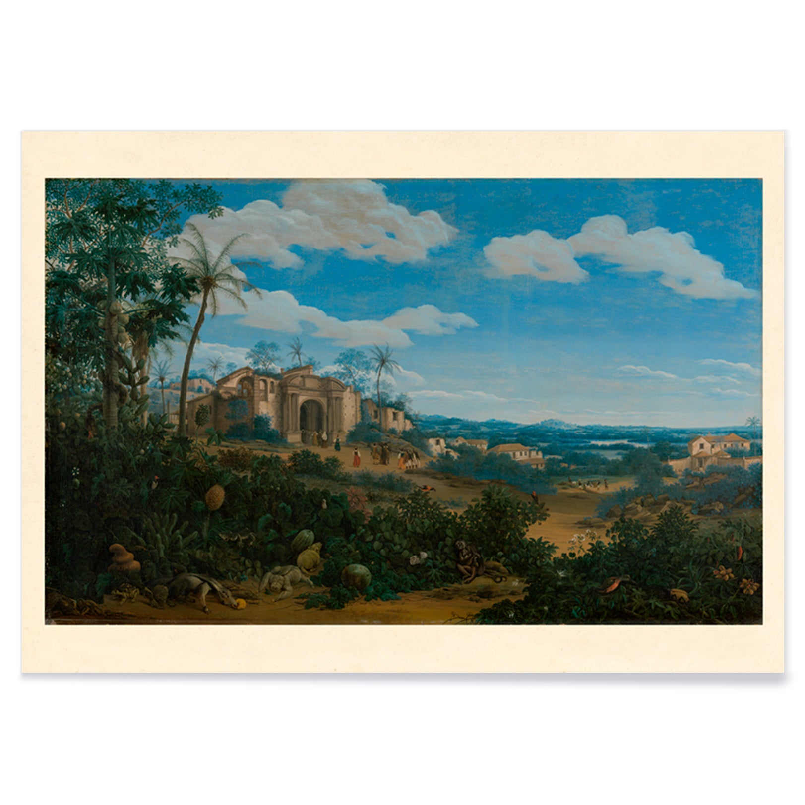 Poster of lush landscape and historic colonial buildings in View of Olinda Brazil by Frans Jansz Post, with black aluminium frame on white background