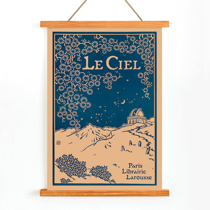 Art poster of a night sky with observatory and floral patterns from Le Ciel Nouvelle Astronomie Pittoresque by Alphonse Berget, with wooden magnetic frame on white background
