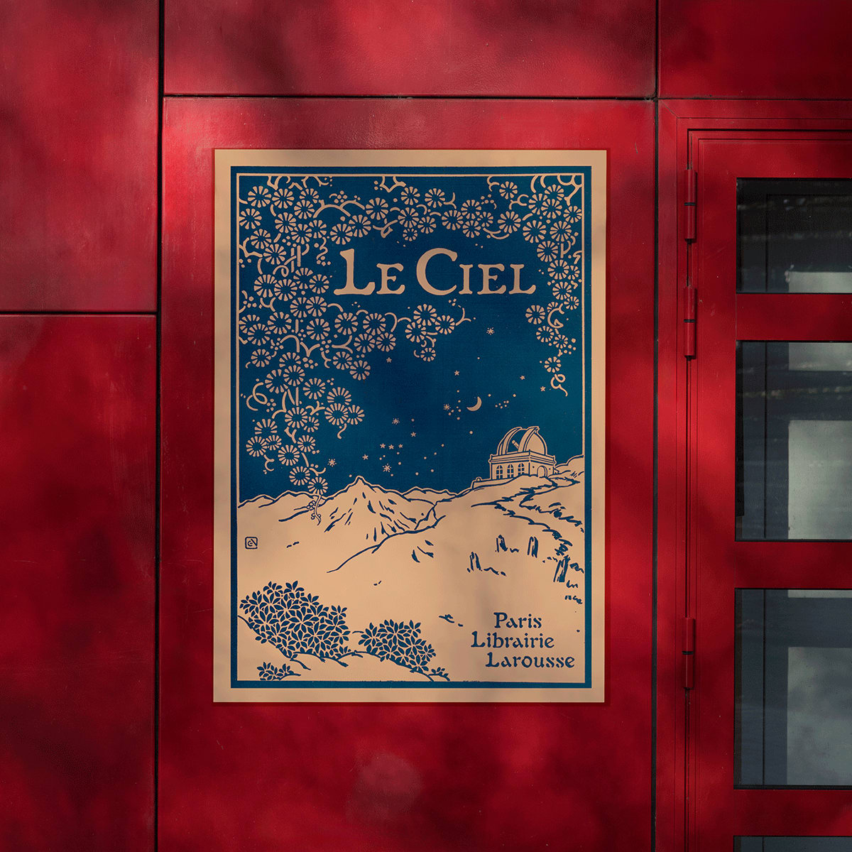 Art poster of a night sky with observatory and floral patterns from Le Ciel Nouvelle Astronomie Pittoresque by Alphonse Berget, framed and displayed in modern living room decor