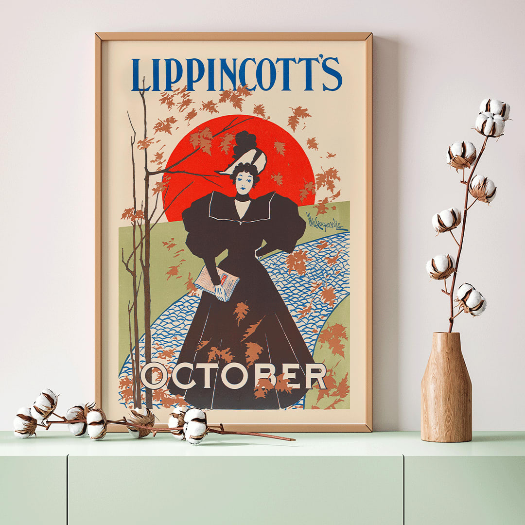 Lippincotts October poster by William Carqueville featuring an elegant woman in a black dress holding a book with autumn leaves, framed and displayed in home decor
