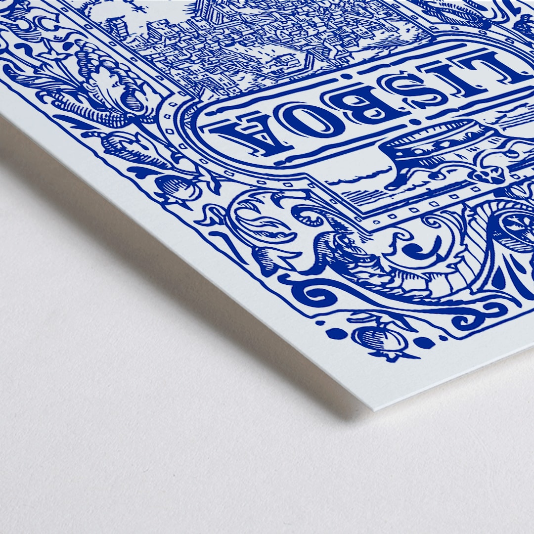 Closeup detail of Artistic depiction and poster of Lisbon cityscape in blue and white azulejos with ornate designs titled Lisbon Azulejo Blue painted tile 2