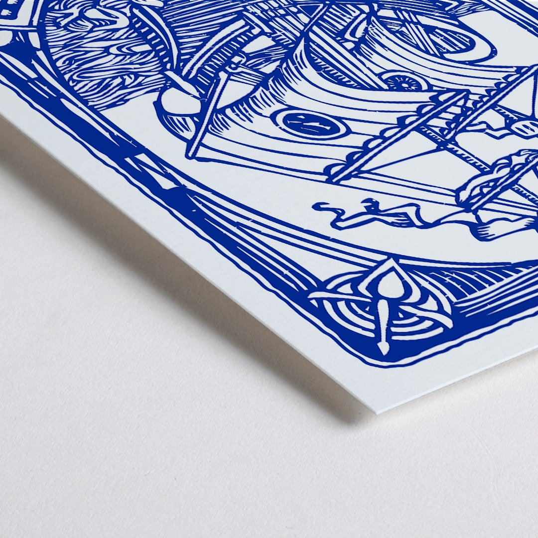 Closeup detail of Blue painted azulejo tile artwork by Lisbon Azulejo featuring a ship and the word Lisbon Blue painted tile 1 poster