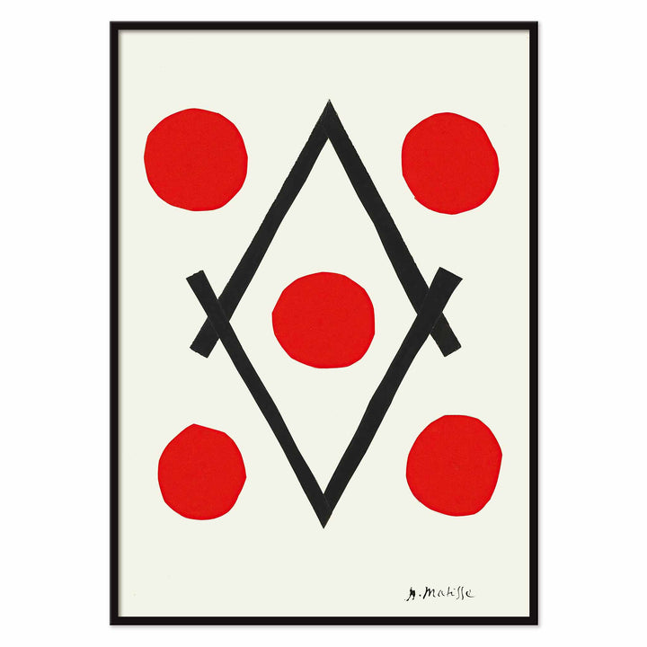 Henri Matisse Losange poster with five red circles around intersecting black lines forming a diamond on white ground, with black aluminium frame on white background
