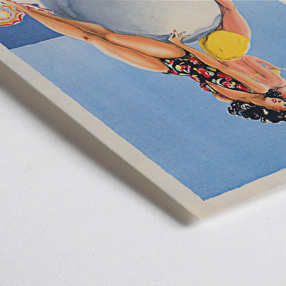 Closeup detail of Monte Carlo artwork by Louis Icart showing two women in swimsuits sitting on a large ball at the beach poster
