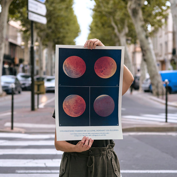 Lunar color variations during eclipses illustration and poster from Colorations variees de la Lune by Alphonse Berget, framed and displayed in home decor