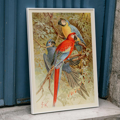 Colorful macaws perched on tree branches in a lush forest vibrant macaw artwork poster, framed and displayed in home decor