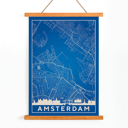 Amsterdam minimalist map artwork poster in blue and white showing detailed city streets and waterways, with wooden magnetic frame on white background