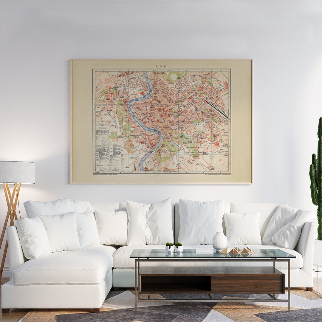 Ancient map of Rome by Bibliographic institute of Liepzig showing detailed city layout river neighborhoods and landmarks, framed and displayed in home decor