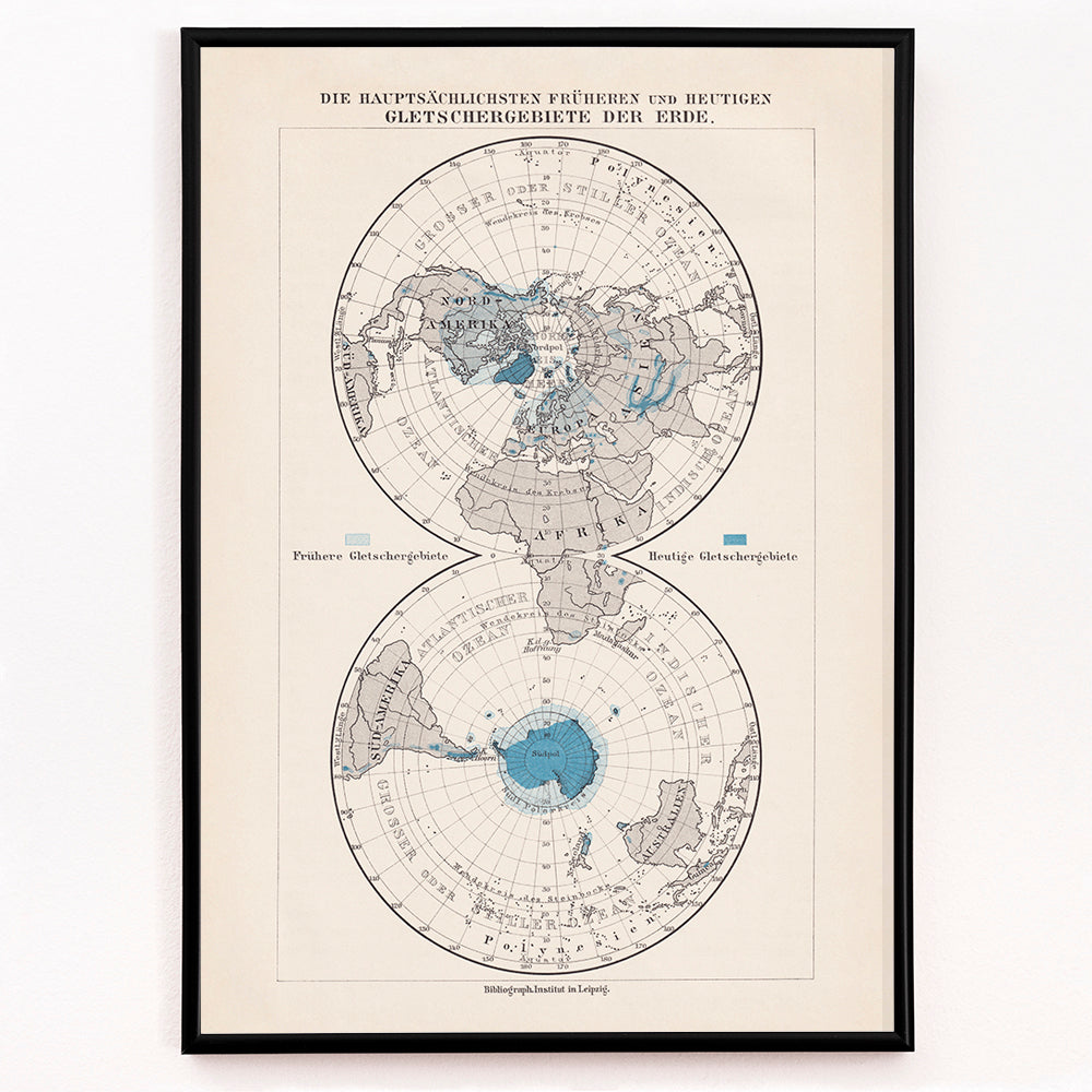 Closeup detail of Vintage polar regions and glacier map illustrated artwork of Earth poles by Bibliographic institute of Liepzig