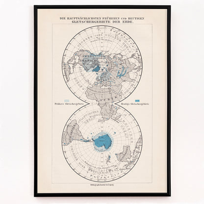 Closeup detail of Vintage polar regions and glacier map illustrated artwork of Earth poles by Bibliographic institute of Liepzig