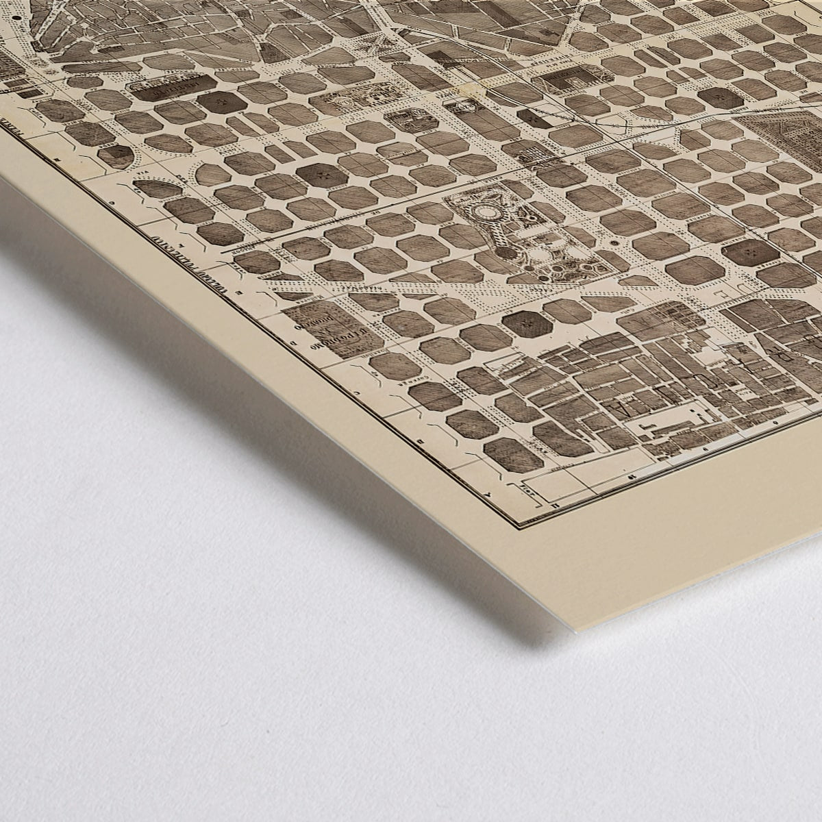 Closeup detail of Detailed vintage map of Barcelona poster artwork featuring a city map layout with illustrated streets and blocks