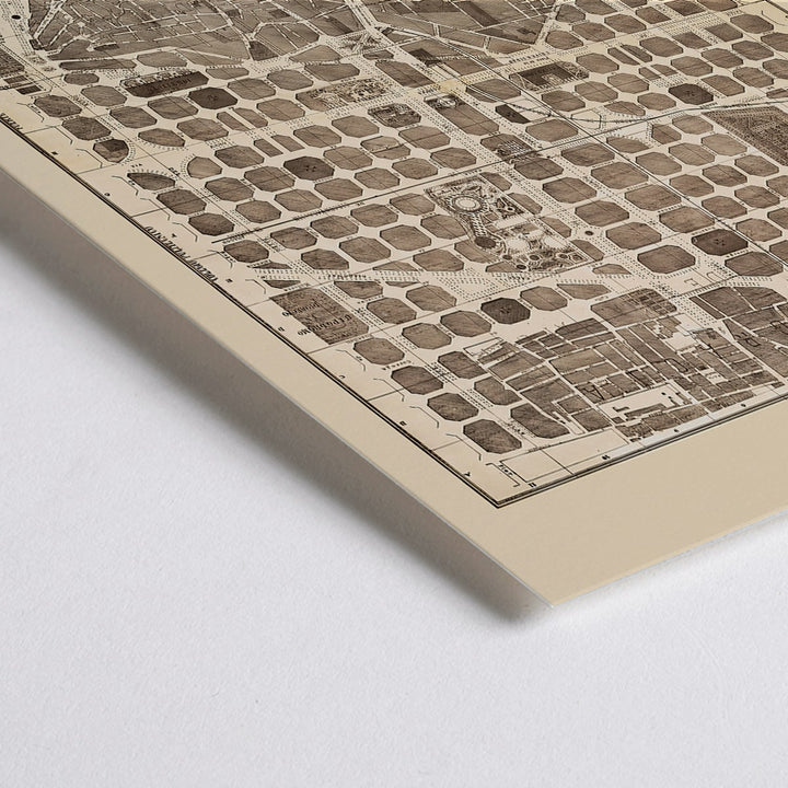 Closeup detail of Detailed vintage map of Barcelona poster artwork featuring a city map layout with illustrated streets and blocks