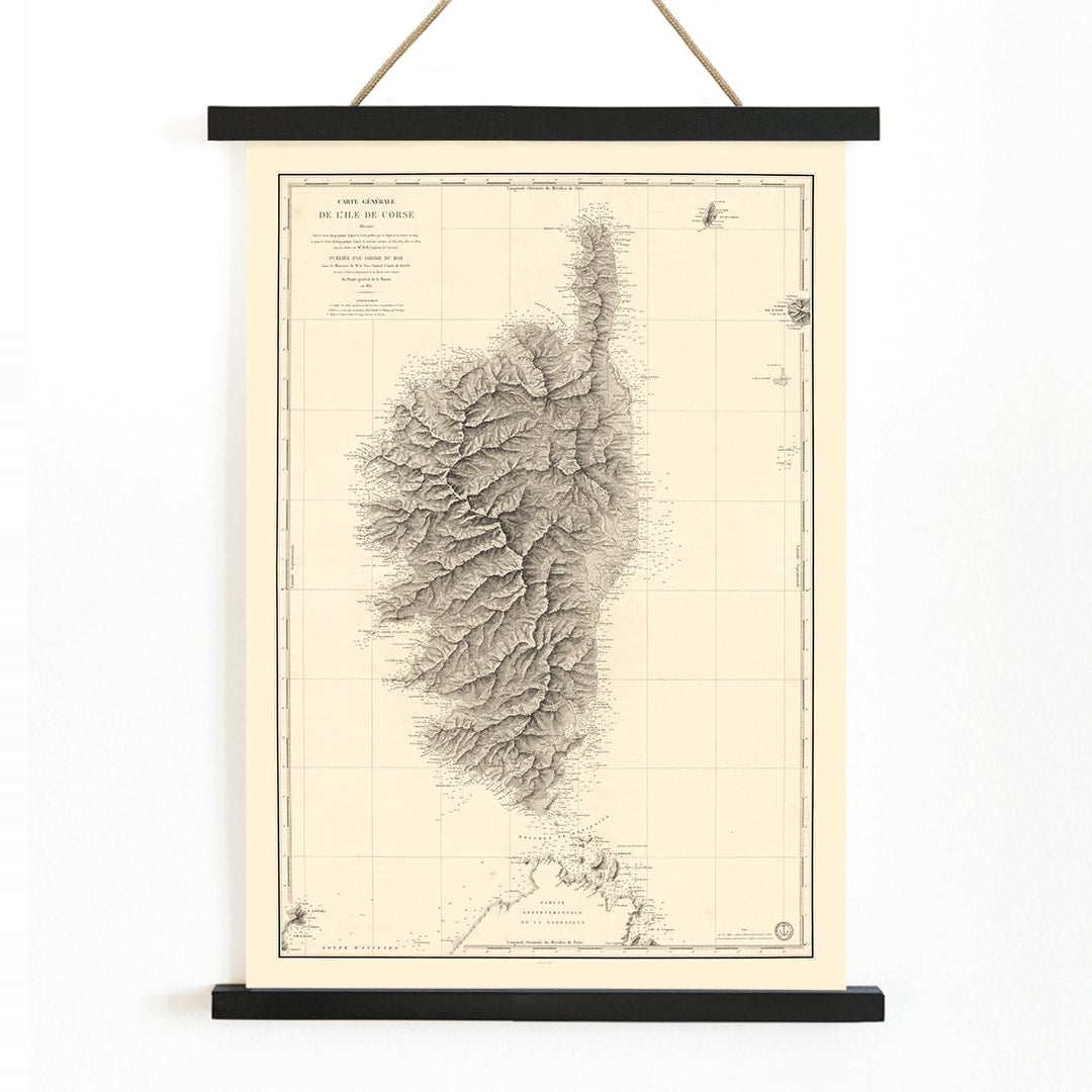Antique map poster of Corsica Carte Generale De LIle De Corse by Depot General de la Marine detailed geographical wall art, with wooden magnetic frame on white background