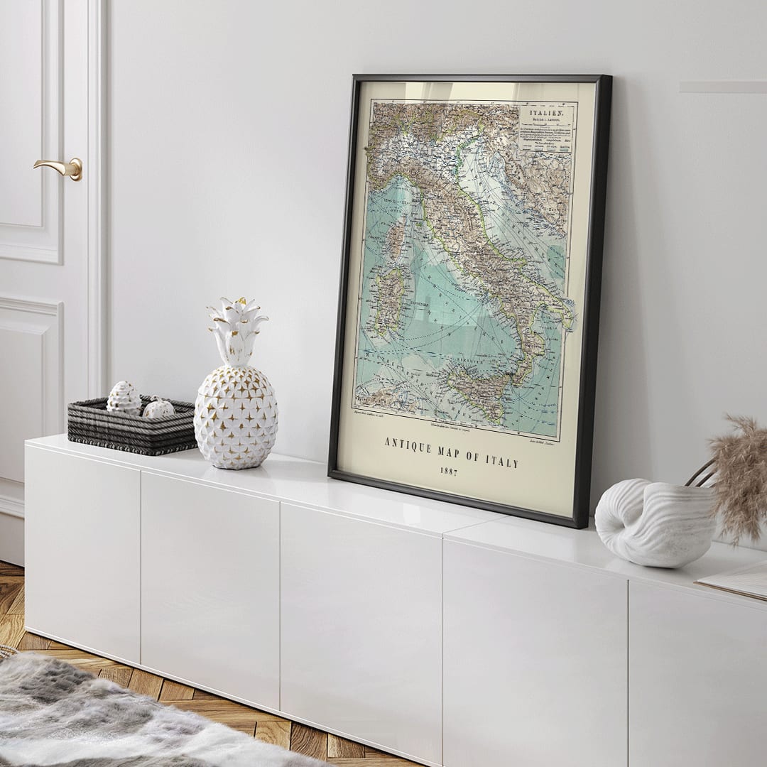 Colorful historical map of Italy by Institute of Liepzig German antique artwork with detailed geographical features, framed and displayed in home decor