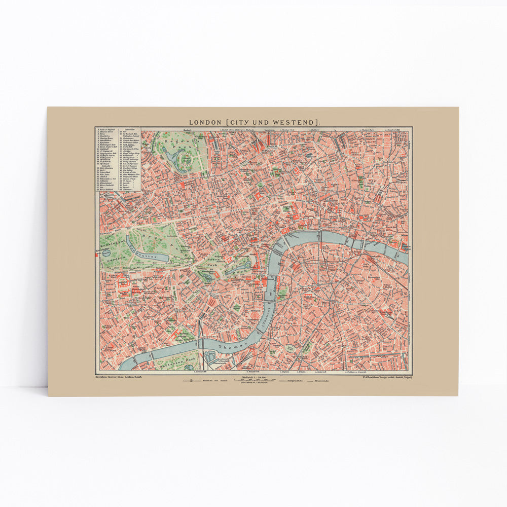Ancient map of London by Bibliographic institute of Liepzig showing detailed vintage city streets river Thames and parks, framed and displayed in modern living room decor