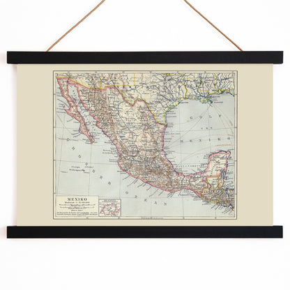 Antique map of Mexico by Institute of Liepzig detailed geographic illustration showing regions and borders German antique map poster, with wooden magnetic frame on white background