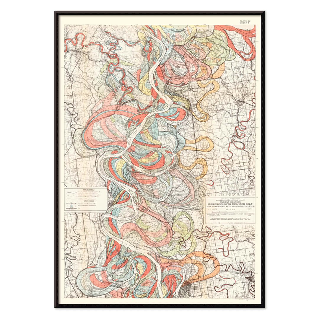 Colorful topographic map poster of the Mississippi River by Harold Fisk titled Ancient Courses of the Mississippi River showing historic colorful swirls and paths, with black aluminium frame on white background