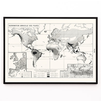 Closeup detail of Black and white world map poster illustrating annual rainfall distribution patterns wall art