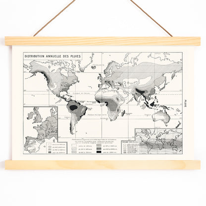 Black and white world map poster illustrating annual rainfall distribution patterns wall art, with wooden magnetic frame on white background