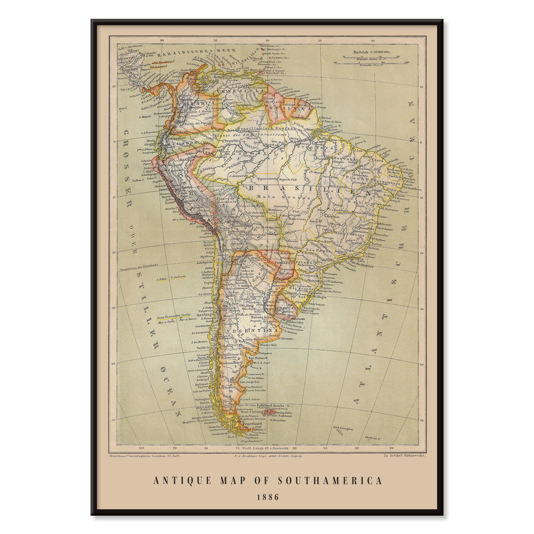 Vintage map of South America by Institute of Liepzig German antique map Brasil detailed geographic features artwork poster, with black aluminium frame on white background