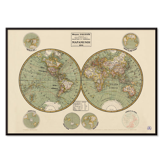 Vintage world map Mapamundi 2 by Paluzie Lucena Josep with detailed continents and country borders illustration poster, with black aluminium frame on white background