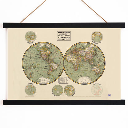 Vintage world map Mapamundi 2 by Paluzie Lucena Josep with detailed continents and country borders illustration poster, with wooden magnetic frame on white background