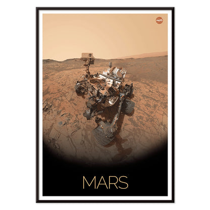 Mars exploration rover by NASA on the Martian surface in the Rover on Mars poster with NASA logo in top right corner, with black aluminium frame on white background