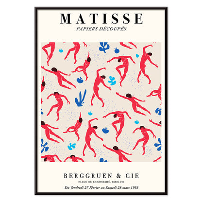 Henri Matisse Dancing Figures Exhibition Poster with vibrant red and blue design featuring red cut out figures on a patterned background with exhibition details, with black aluminium frame on white background