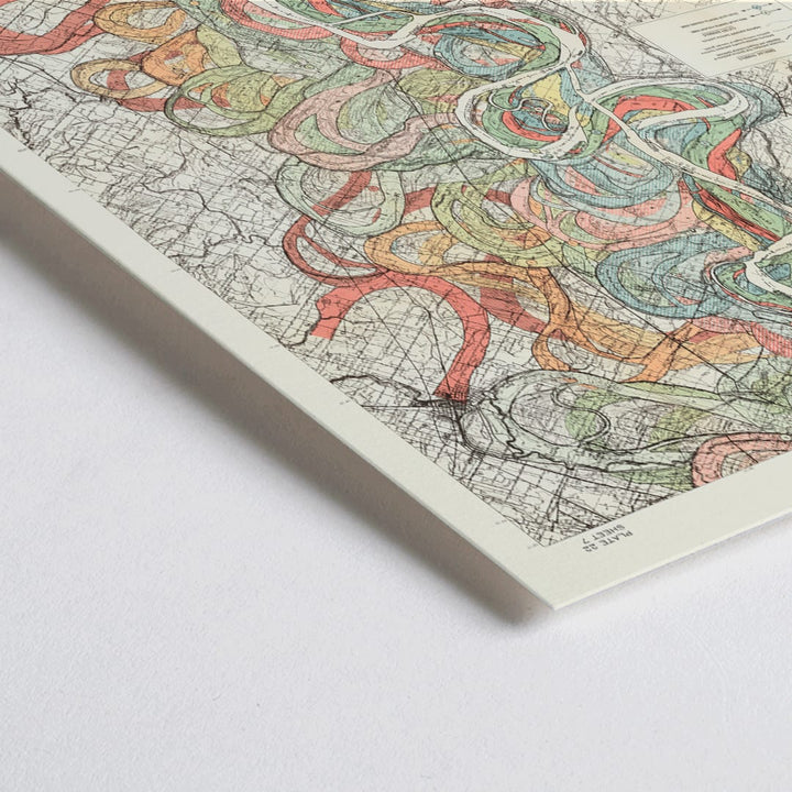 Closeup detail of Colorful poster map of the Mississippi River by Harold Fisk titled Alluvial Valley of the Mississippi River showing historical meanders and vibrant river patterns